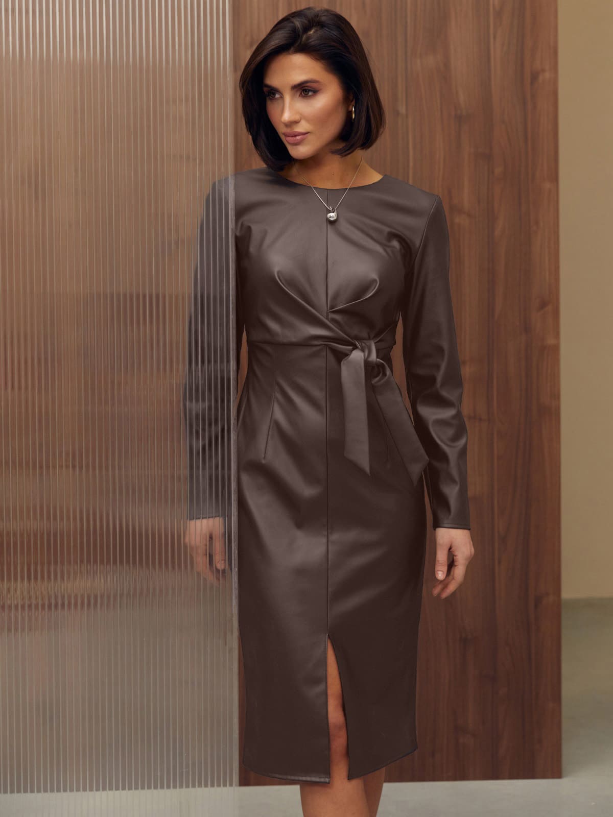 Сукня-міді з екошкіри коричнева | 88169