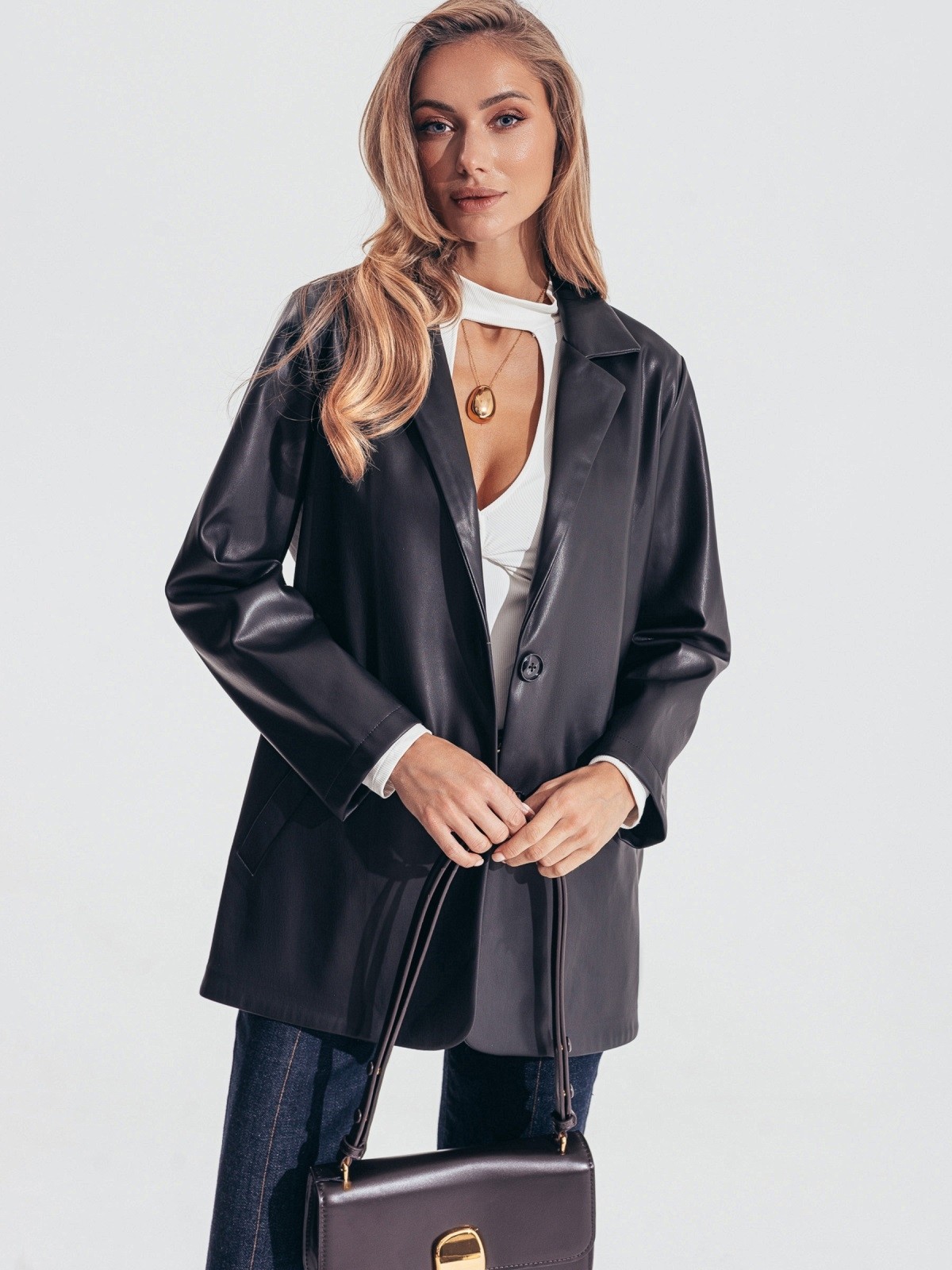 Шкіряний подовжений піджак чорний | 87925 Шкіряний подовжений піджак чорний | 87925