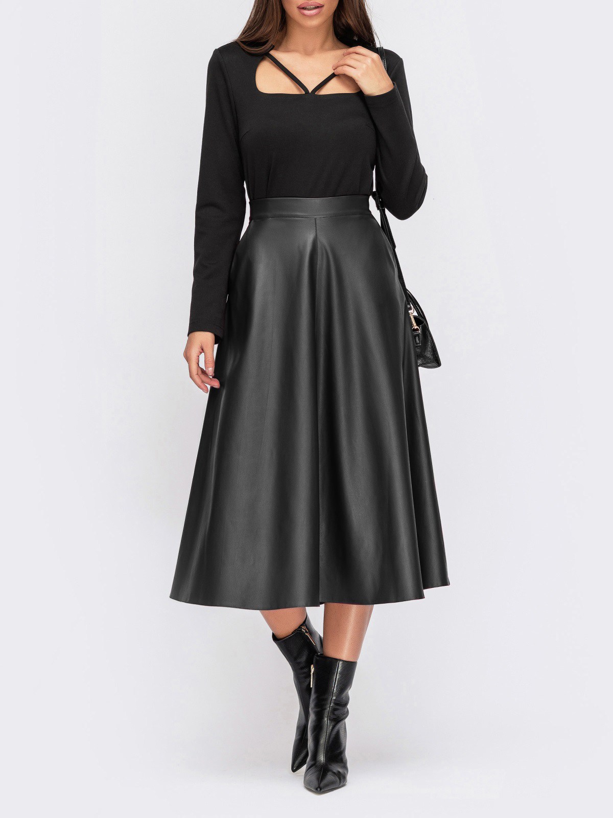 Розкльошена спідниця з екошкіри чорна | 88007 Розкльошена спідниця з екошкіри чорна | 88007