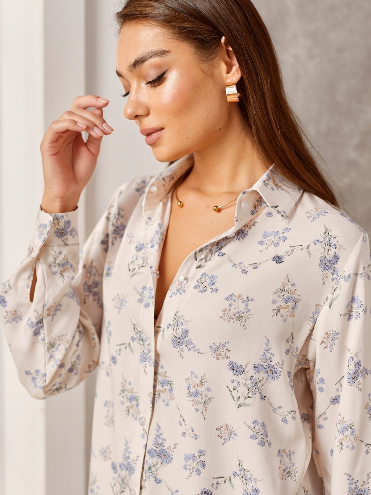 Принтована сорочка зі штапелю молочна | 88382 Принтована сорочка зі штапелю молочна | 88382