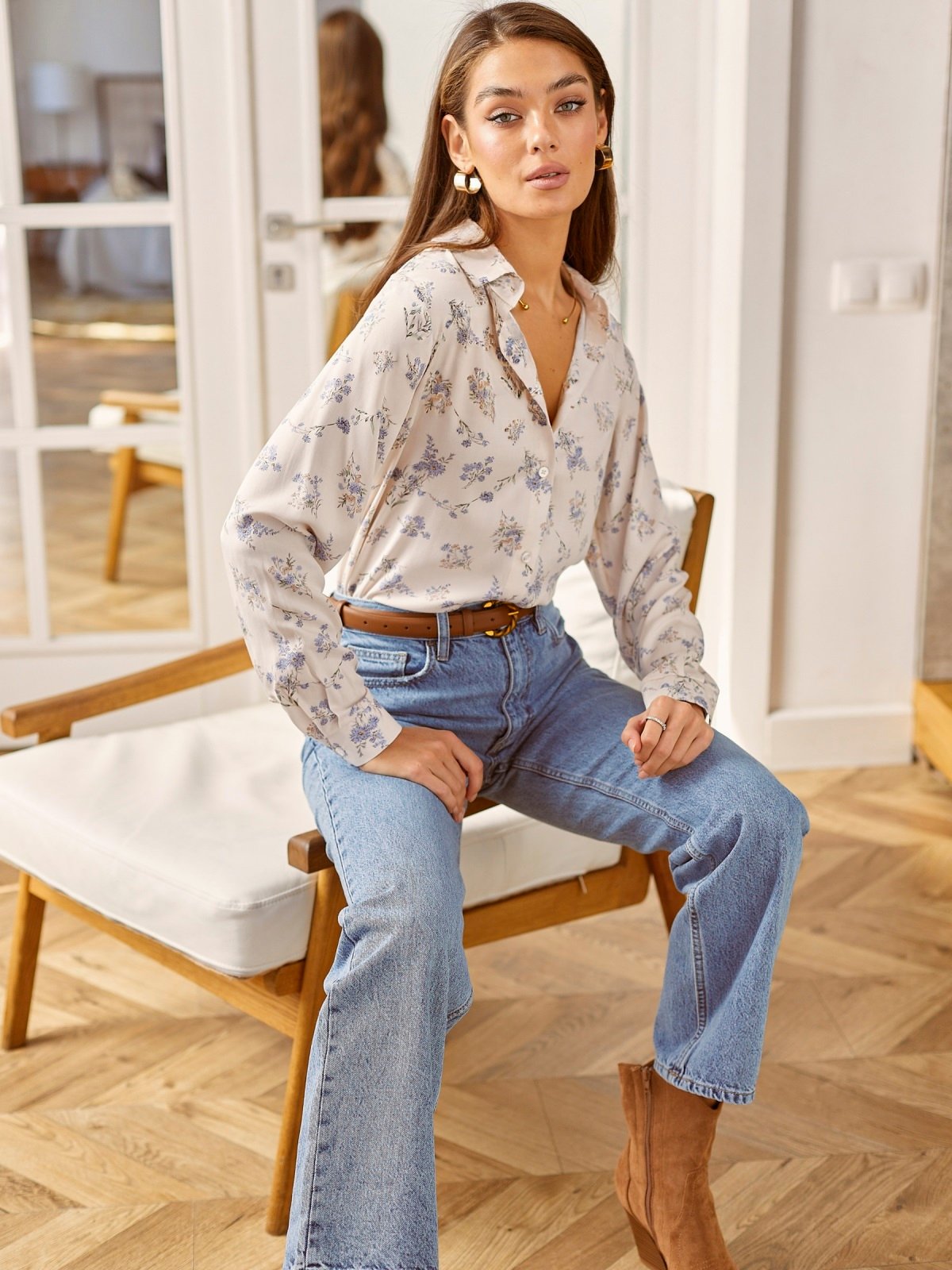 Принтована сорочка зі штапелю молочна | 88382 Принтована сорочка зі штапелю молочна | 88382