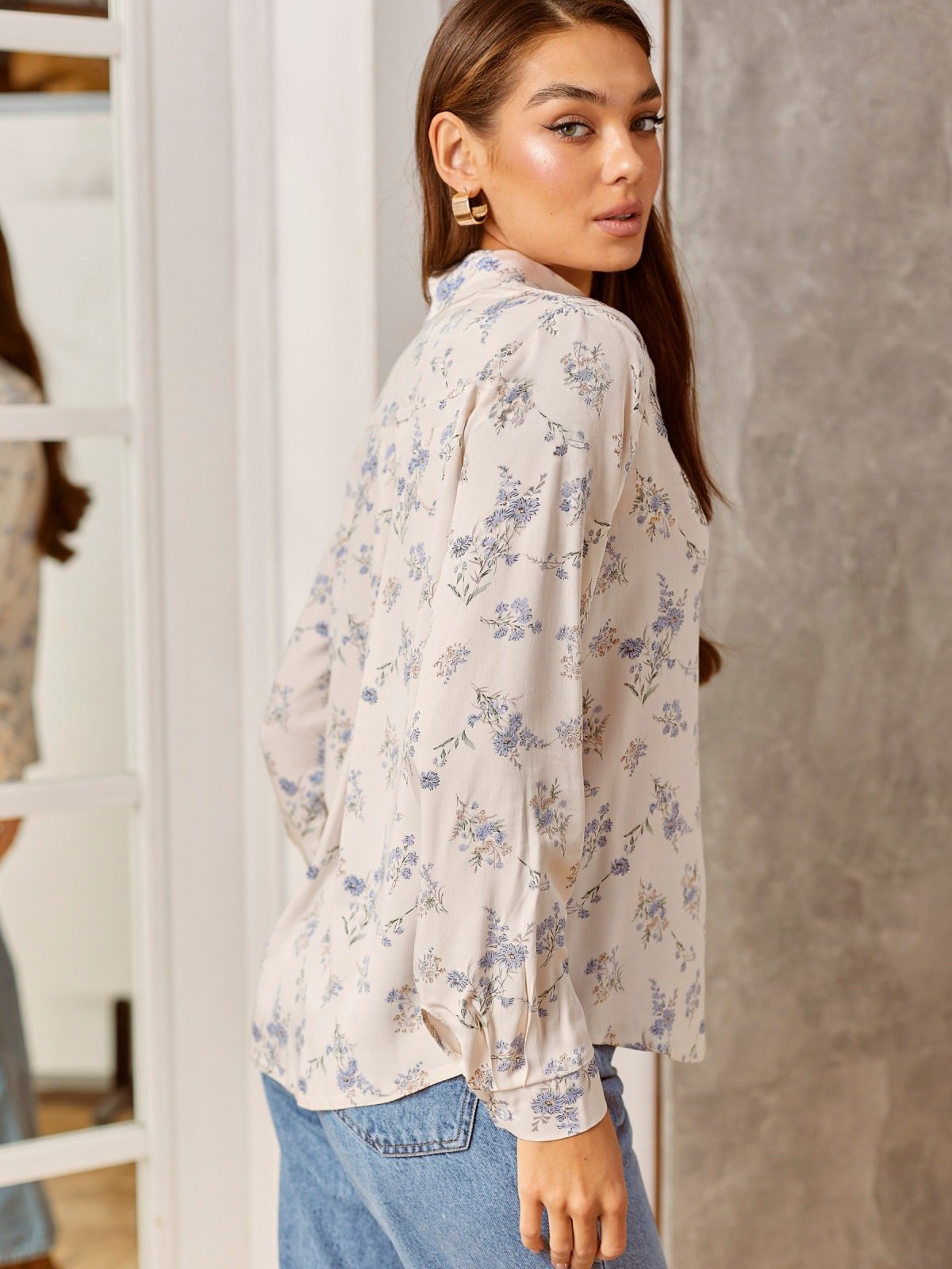 Принтована сорочка зі штапелю молочна | 88382 Принтована сорочка зі штапелю молочна | 88382