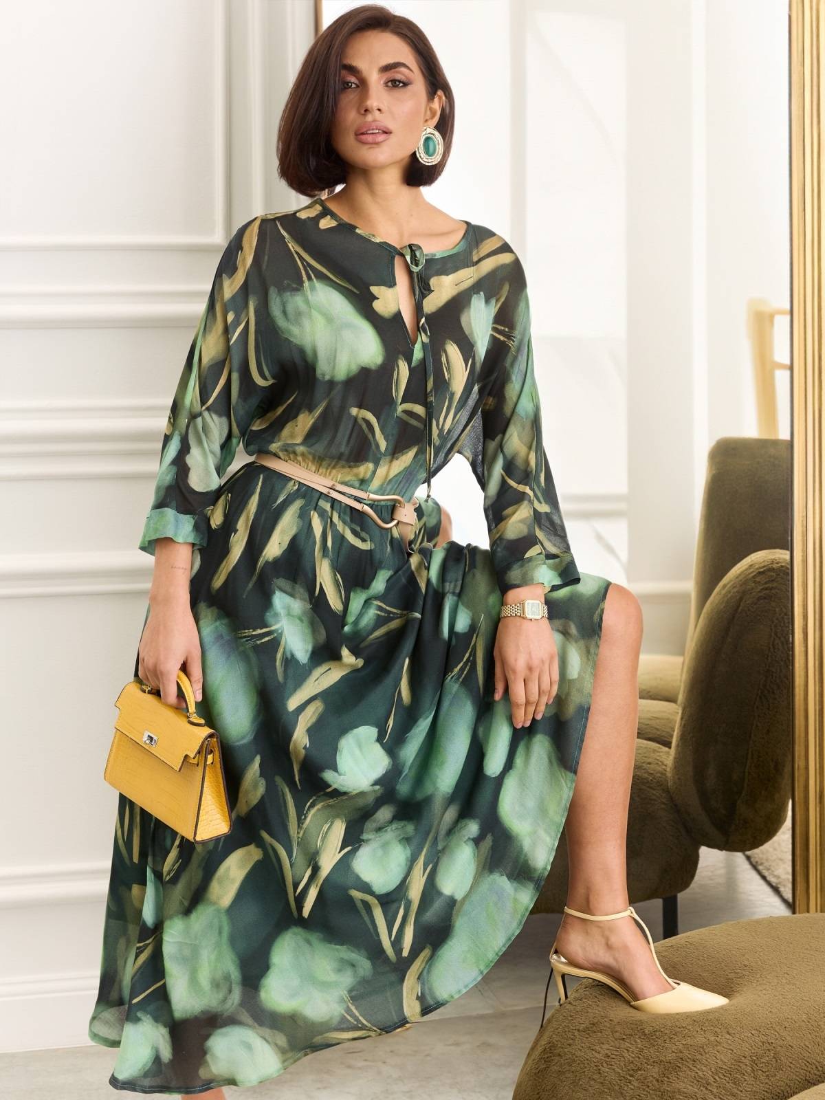 Довга принтована сукня з попліну зелена | 88696