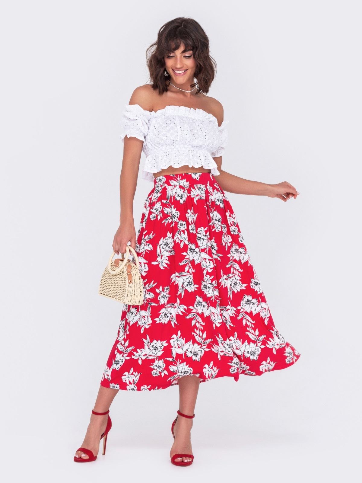 Костюм топ та спідниця-кльош червоно-білий | 88830 Костюм топ та спідниця-кльош червоно-білий | 88830