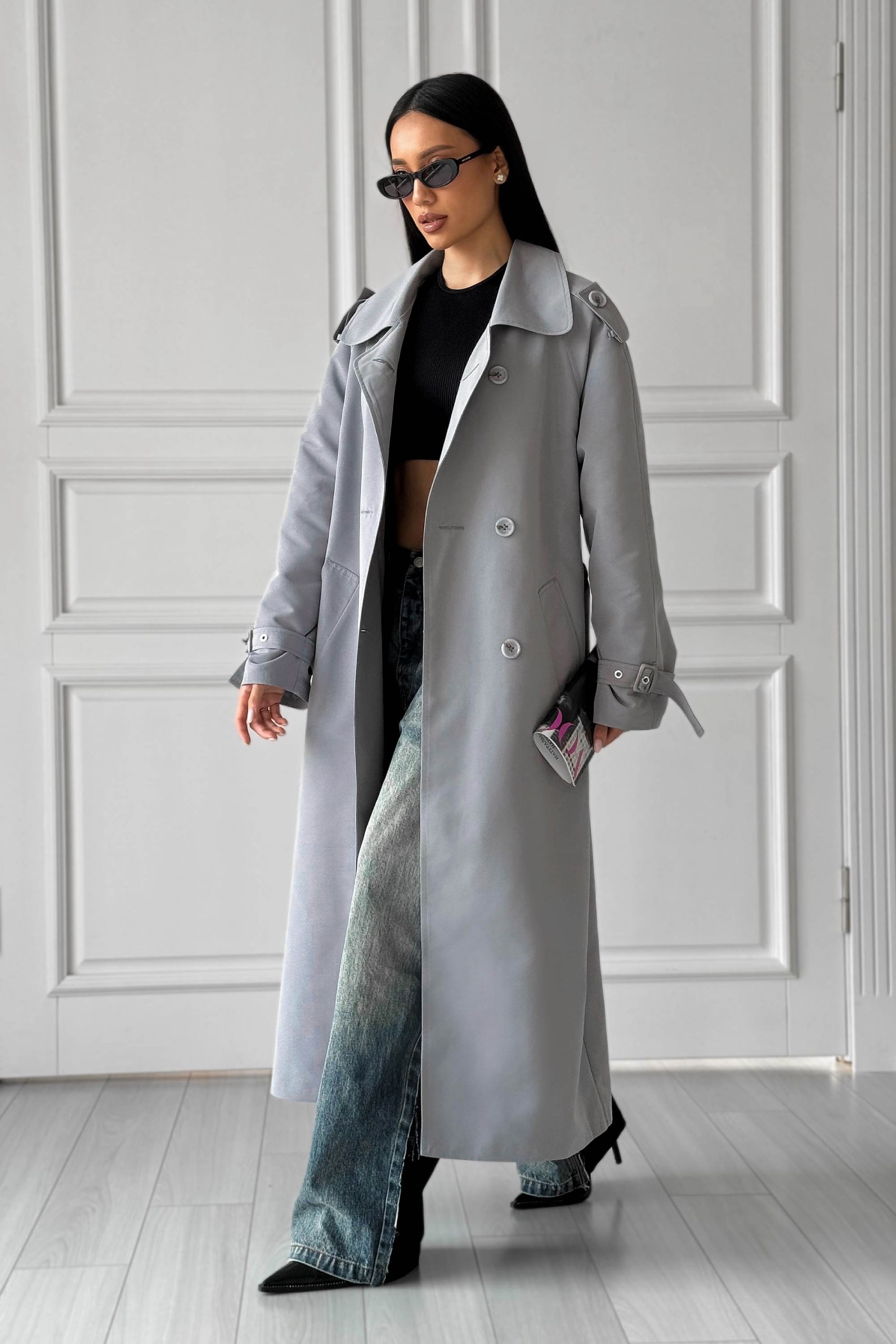 Двобортний тренч на підкладі сіро-блакитний | 88484 Двобортний тренч на підкладі сіро-блакитний | 88484