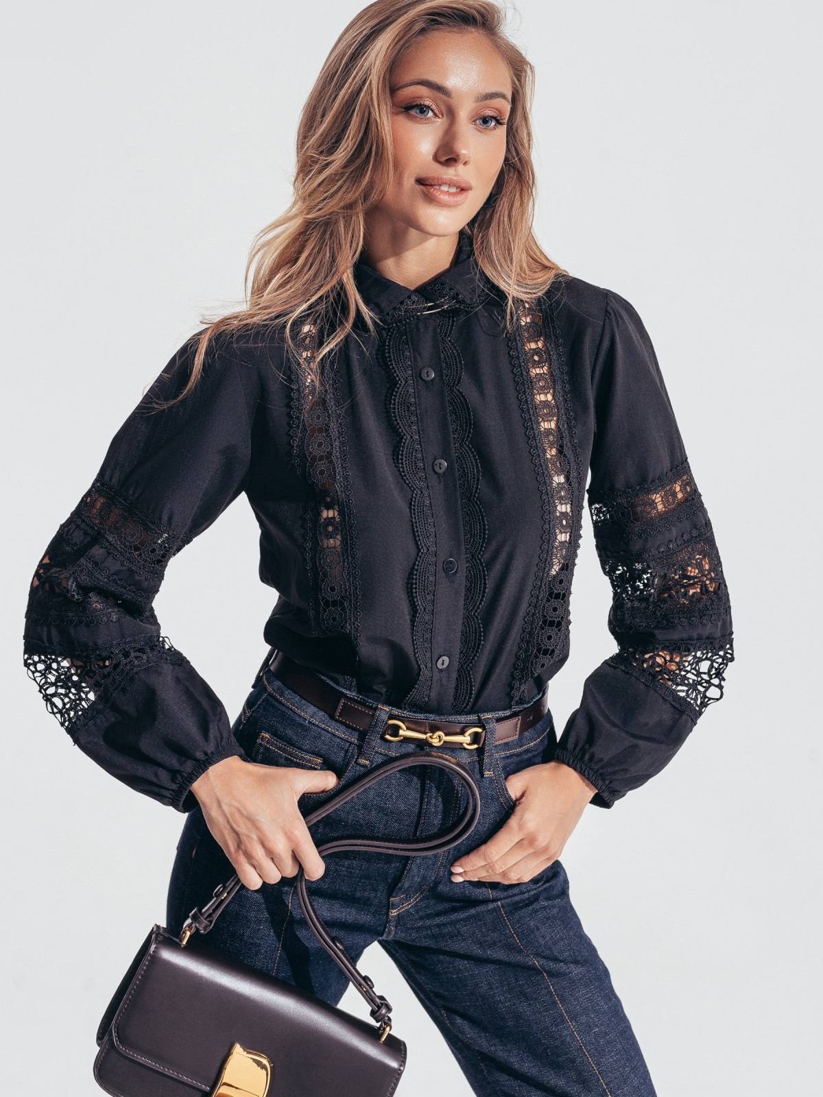 Сорочка з мереживом та перфорацією чорна | 88776