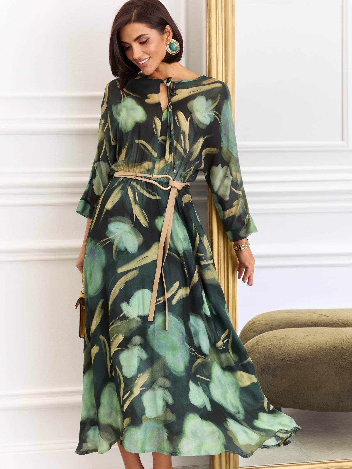 Довга принтована сукня з попліну зелена | 88696