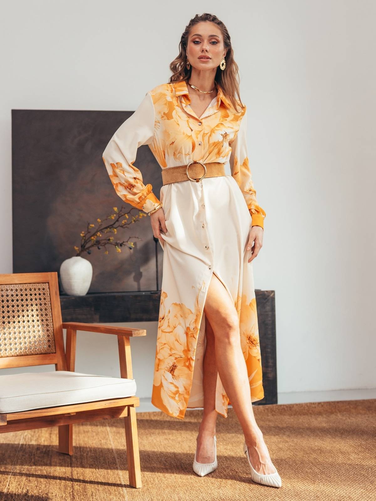 Сукня-сорочка жовта з квітковим принтом | 88515