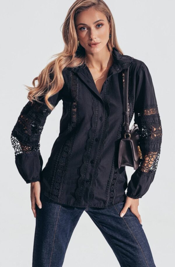 Сорочка з мереживом та перфорацією чорна | 88776