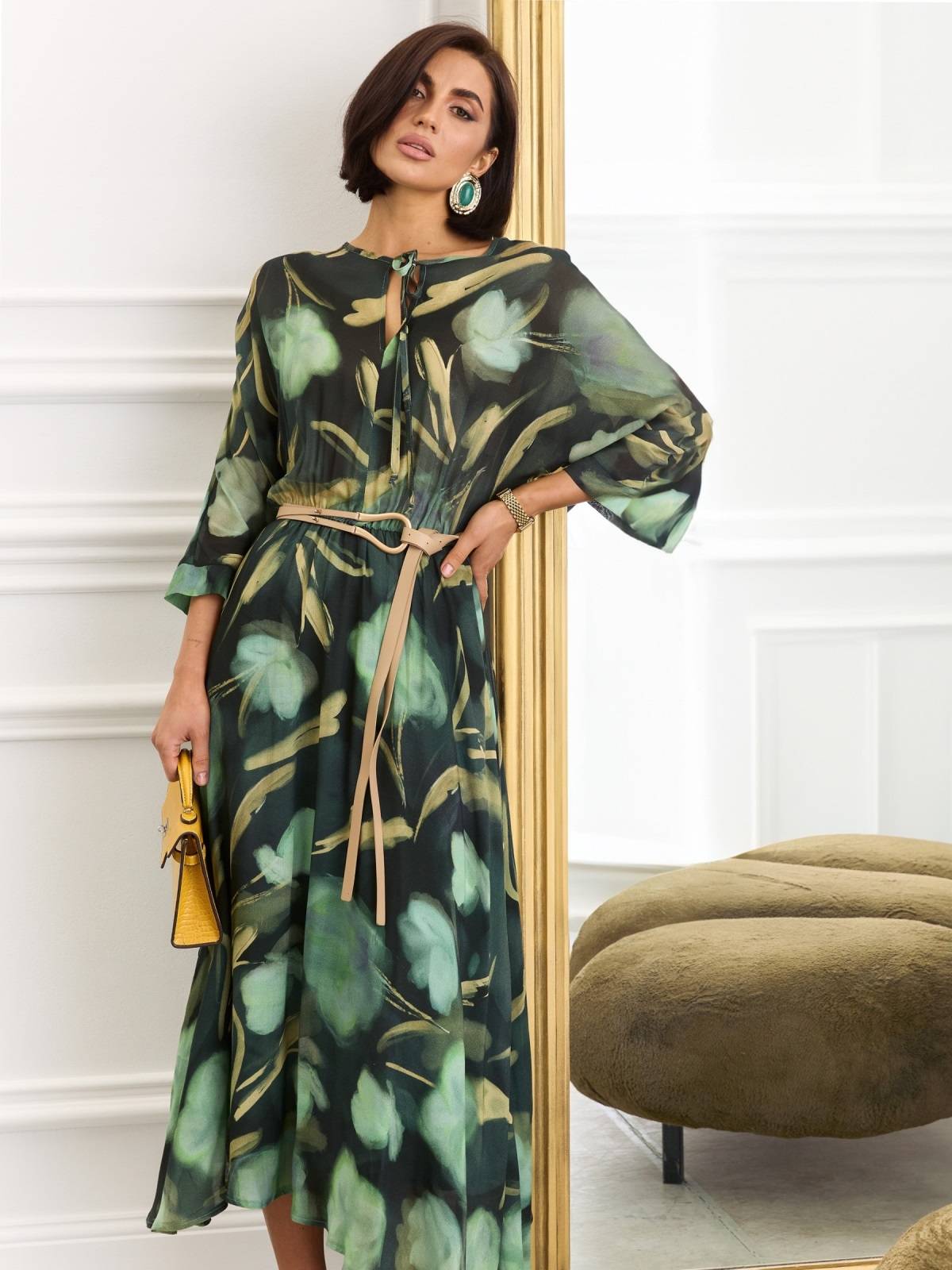 Довга принтована сукня з попліну зелена | 88696