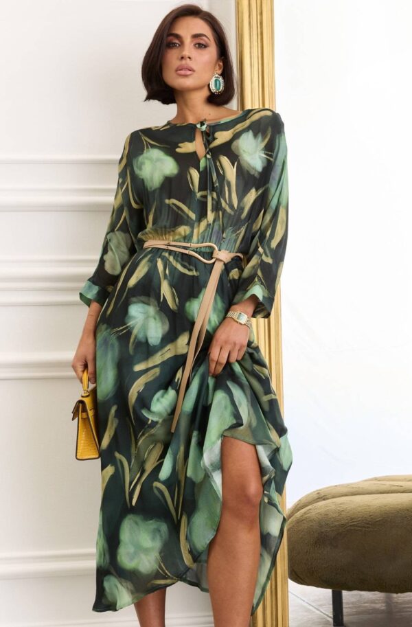Довга принтована сукня з попліну зелена | 88696