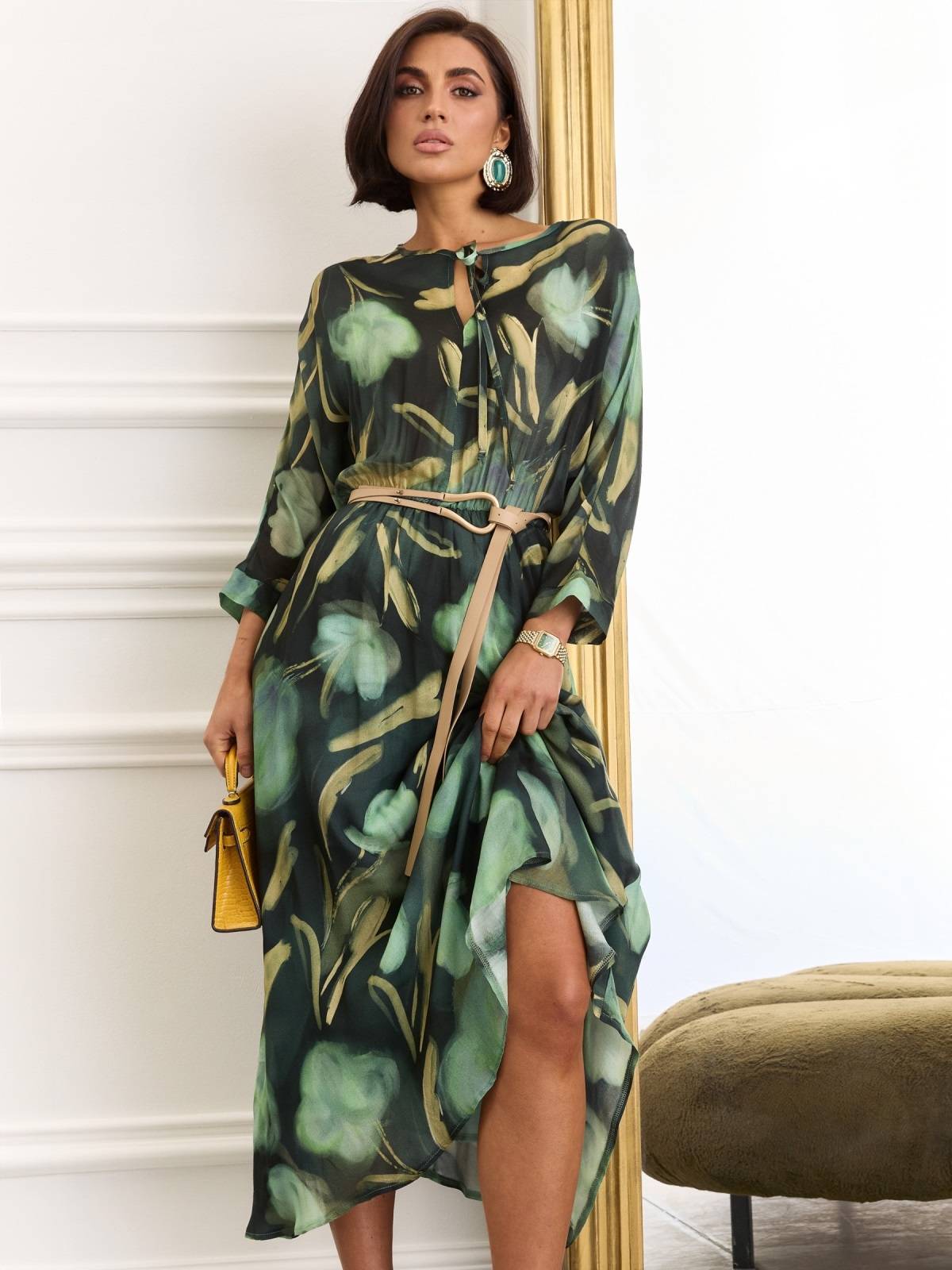 Довга принтована сукня з попліну зелена | 88696