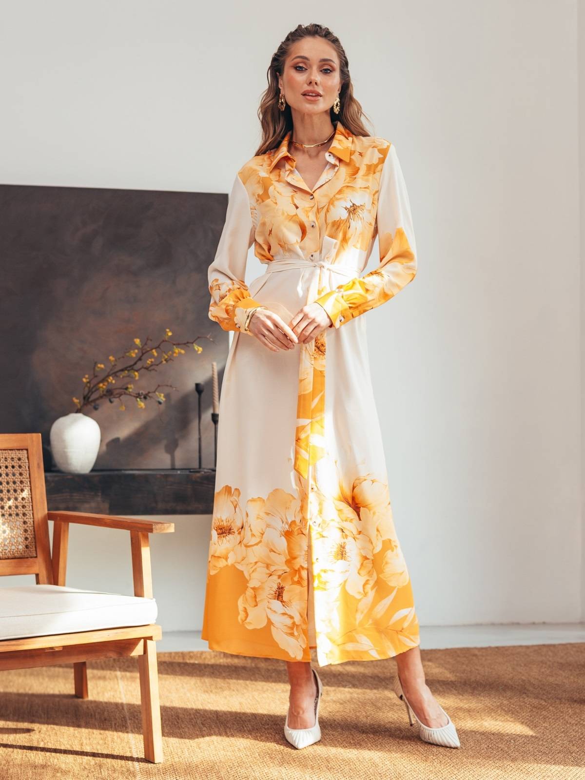 Сукня-сорочка жовта з квітковим принтом | 88515