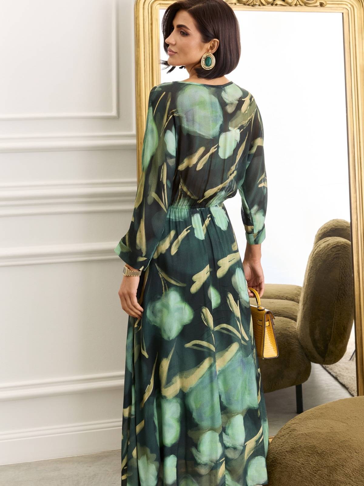 Довга принтована сукня з попліну зелена | 88696