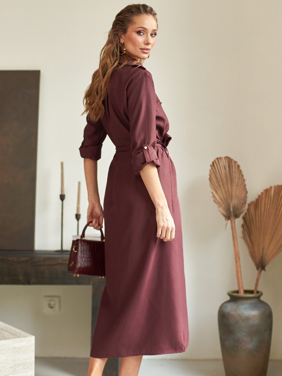 Бавовняна сукня-сорочка бордова міді | 88809 Бавовняна сукня-сорочка бордова міді | 88809