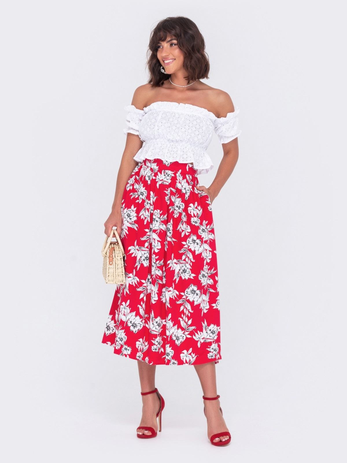 Костюм топ та спідниця-кльош червоно-білий | 88830 Костюм топ та спідниця-кльош червоно-білий | 88830