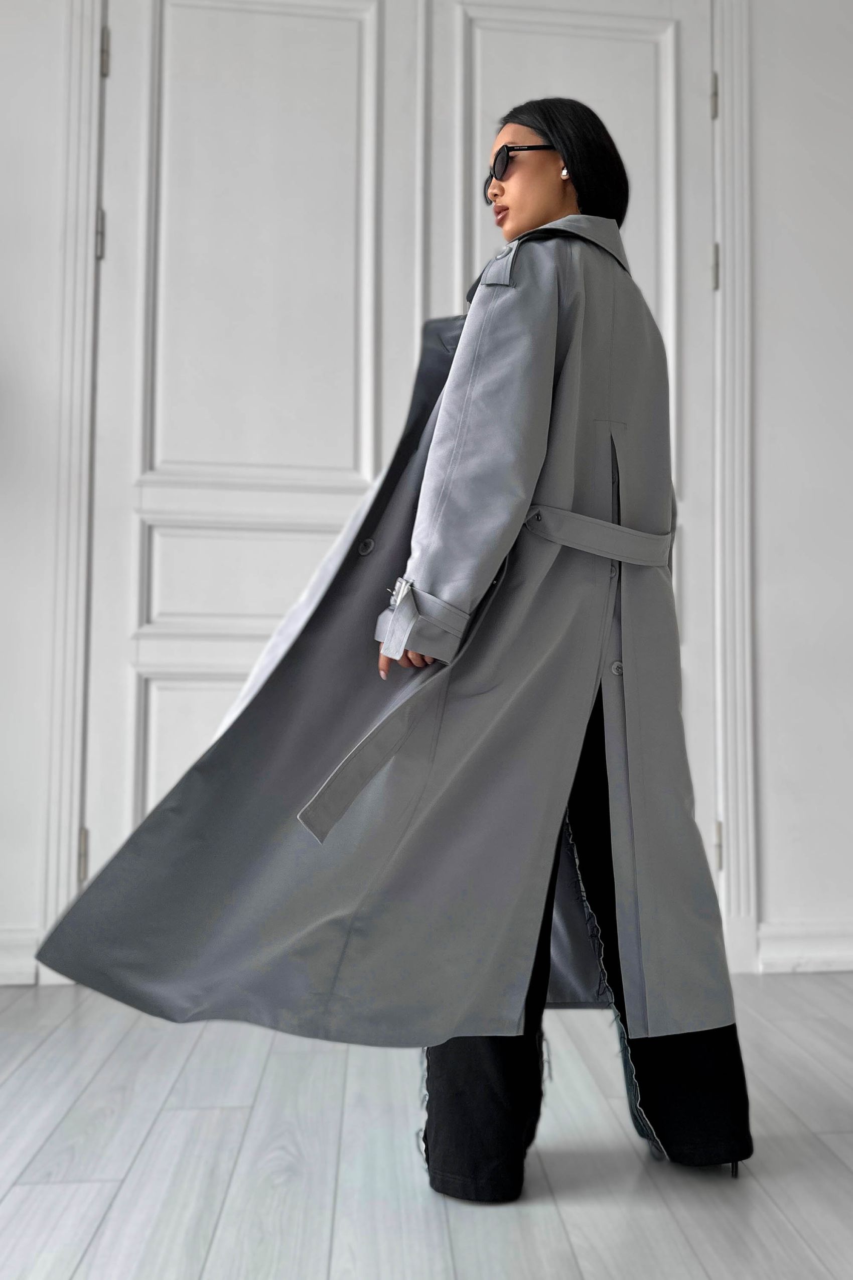 Двобортний тренч на підкладі сіро-блакитний | 88484 Двобортний тренч на підкладі сіро-блакитний | 88484