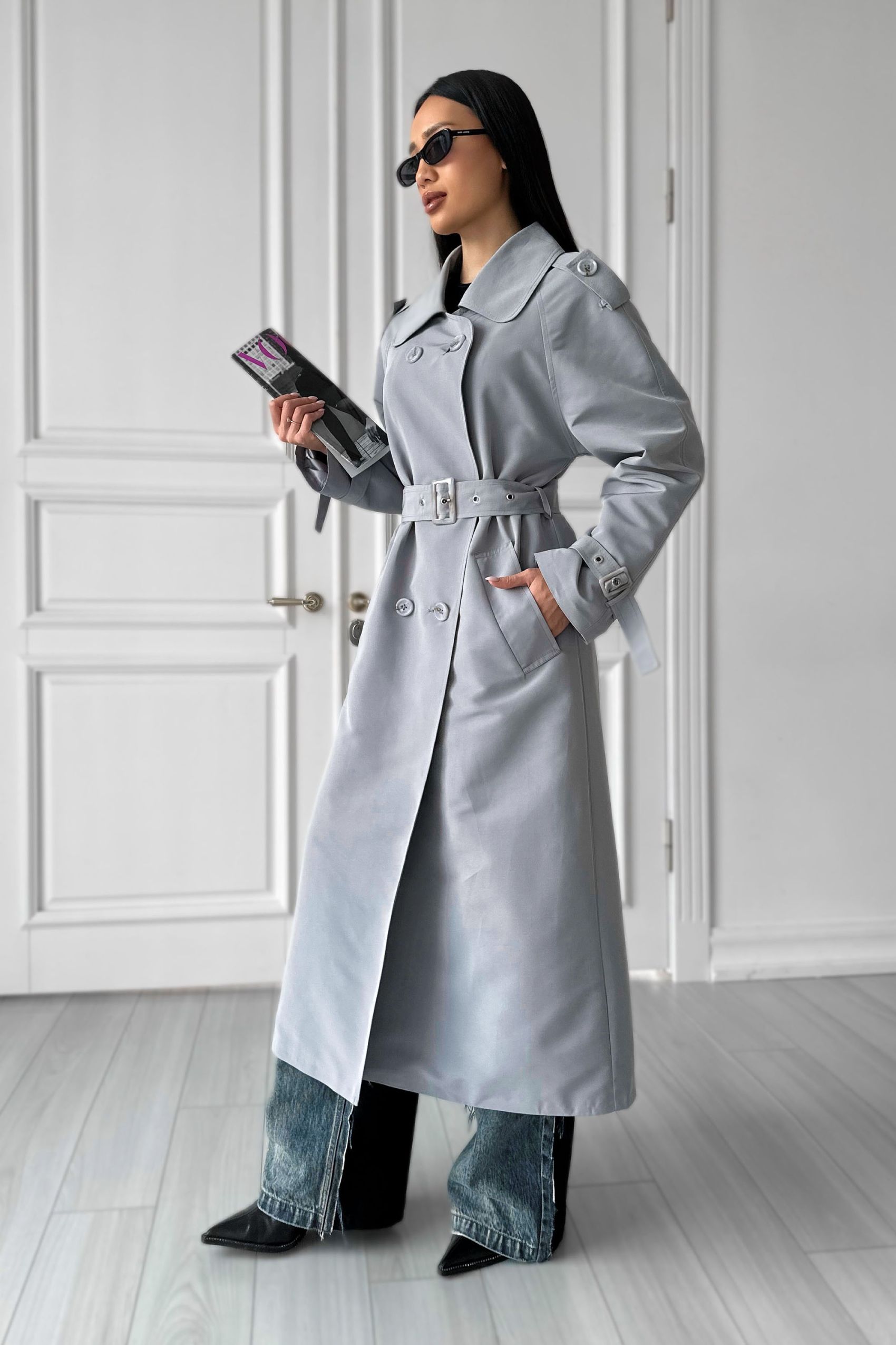 Двобортний тренч на підкладі сіро-блакитний | 88484 Двобортний тренч на підкладі сіро-блакитний | 88484