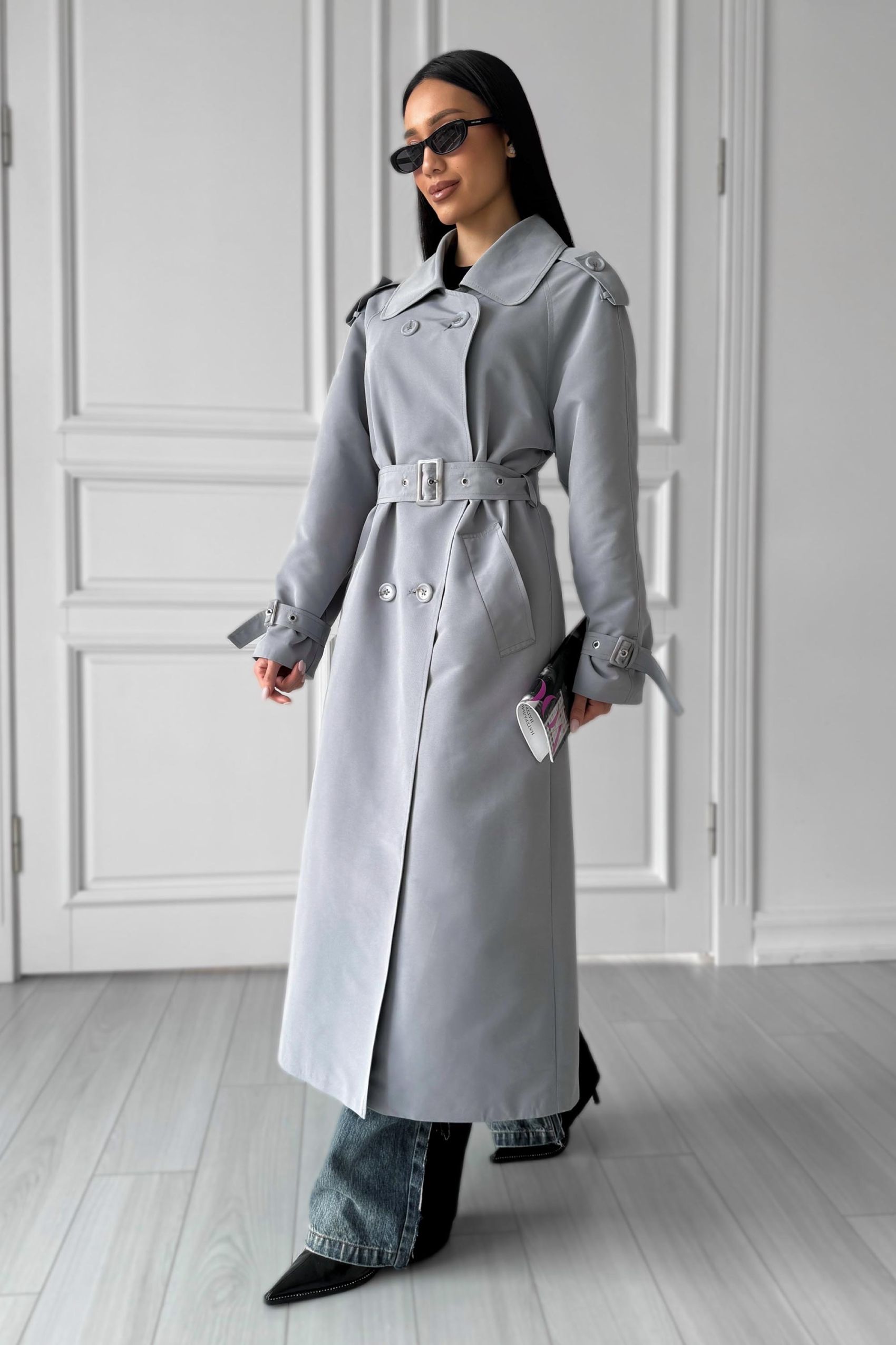 Двобортний тренч на підкладі сіро-блакитний | 88484 Двобортний тренч на підкладі сіро-блакитний | 88484