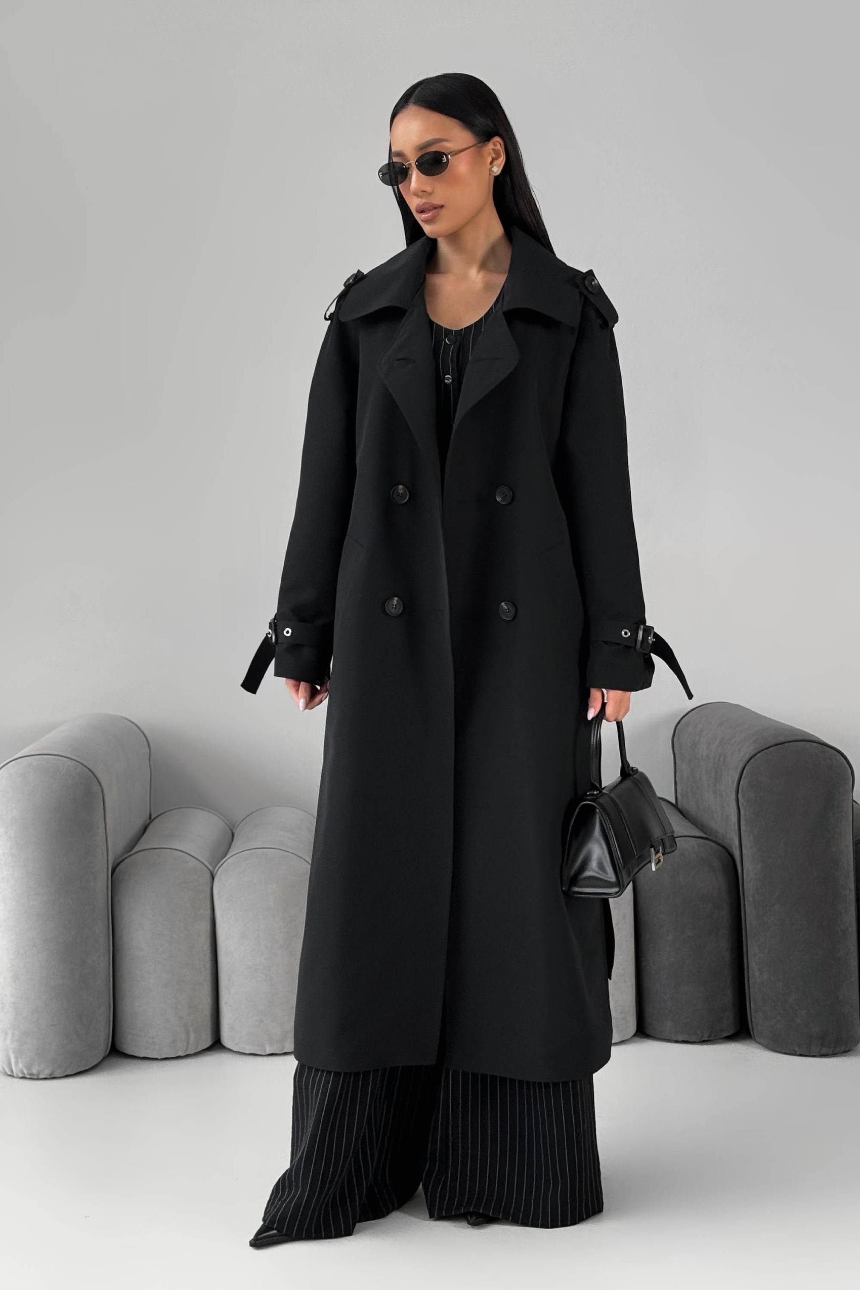 Довгий двобортний тренч чорний | 88503 Довгий двобортний тренч чорний | 88503