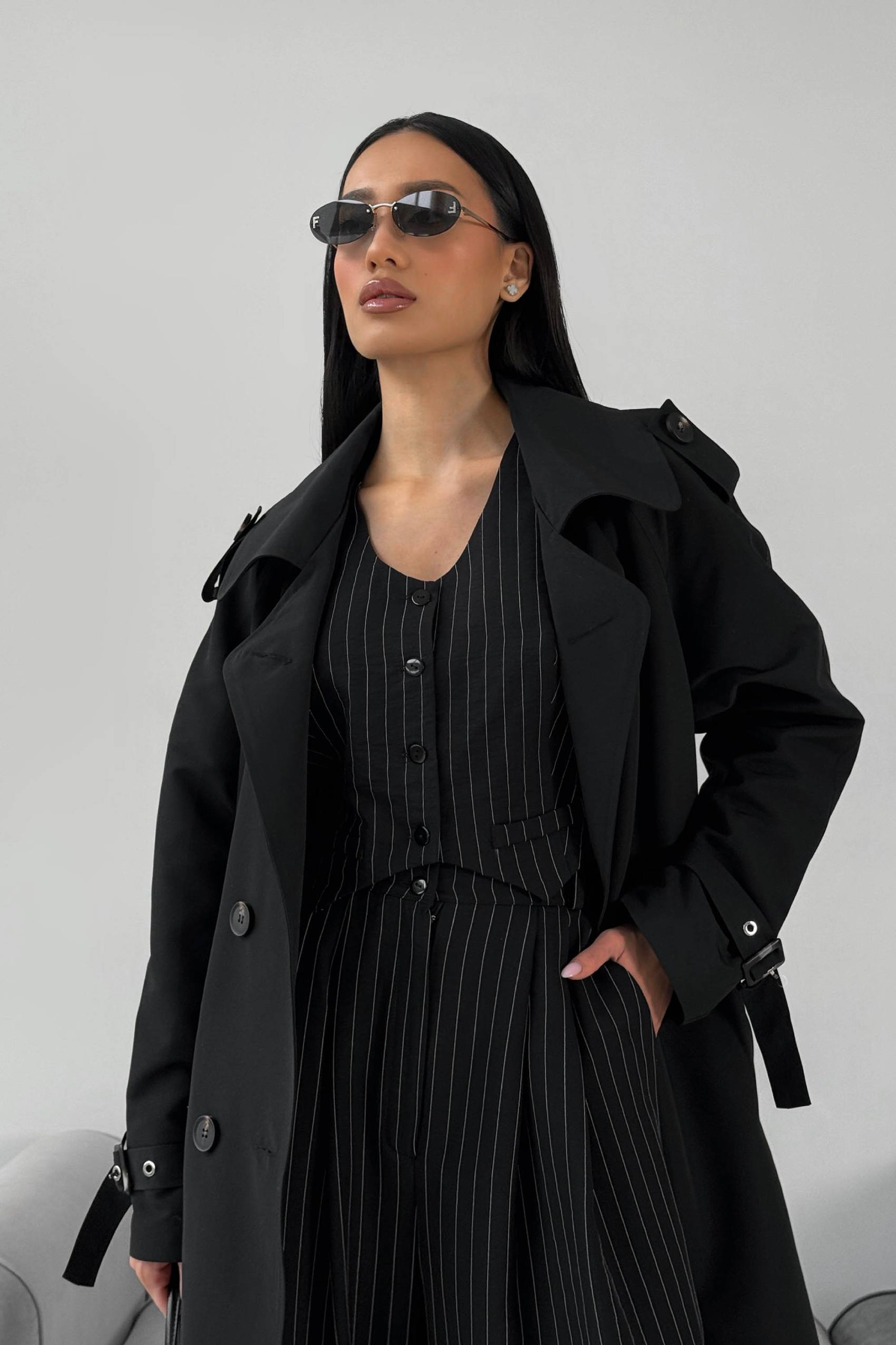 Довгий двобортний тренч чорний | 88503 Довгий двобортний тренч чорний | 88503