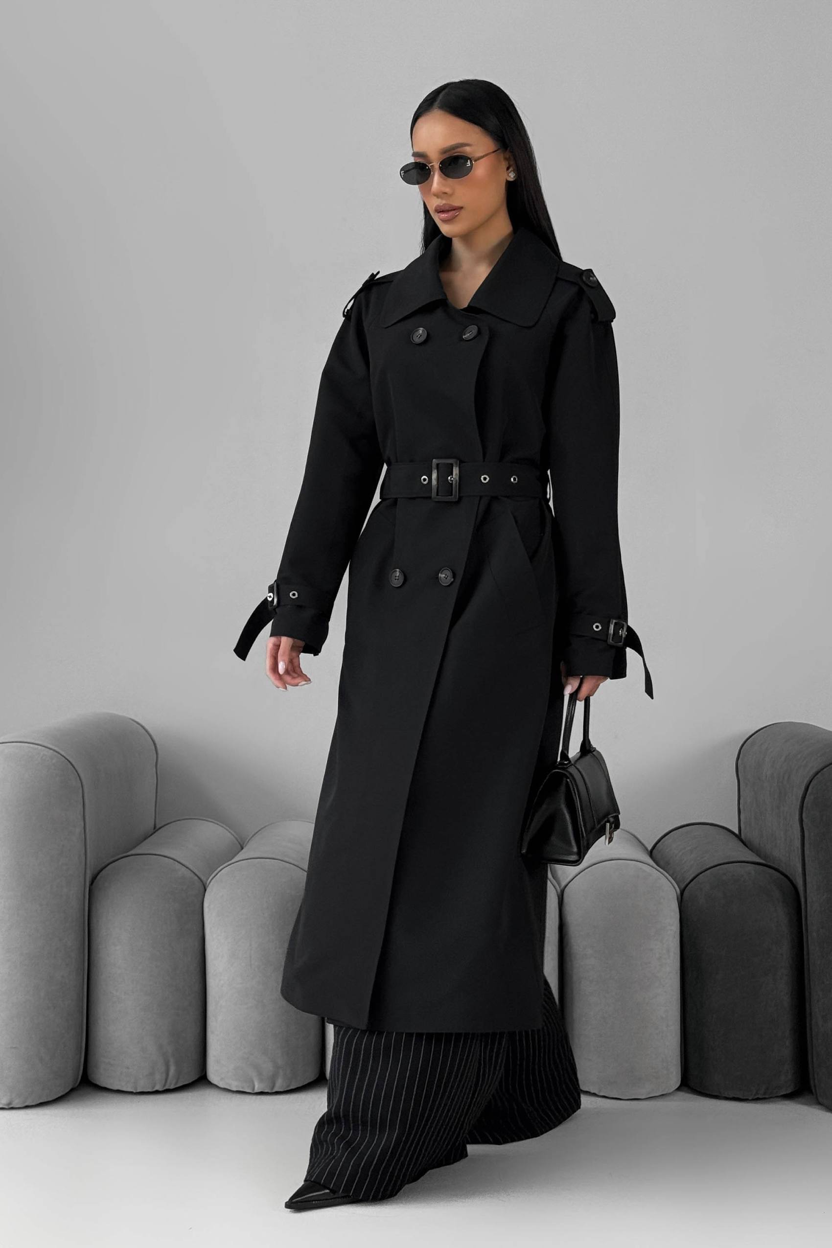 Довгий двобортний тренч чорний | 88503 Довгий двобортний тренч чорний | 88503