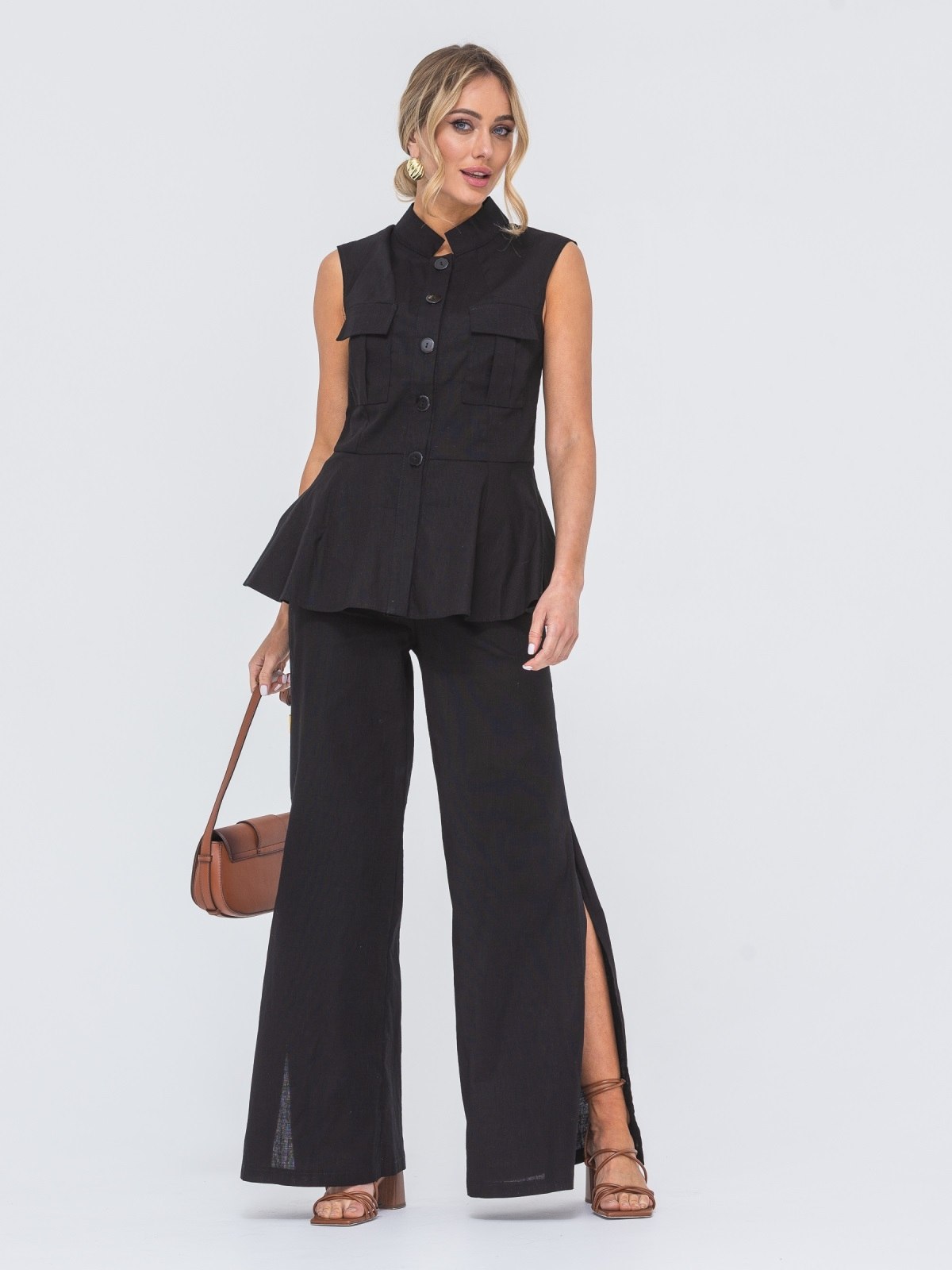 Літній лляний костюм-двійка чорний | 89127