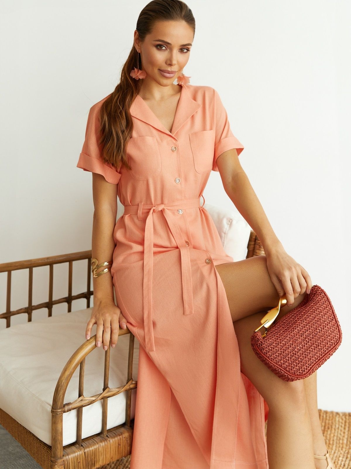 Літня лляна сукня-сорочка персикова | 89228 Літня лляна сукня-сорочка персикова | 89228