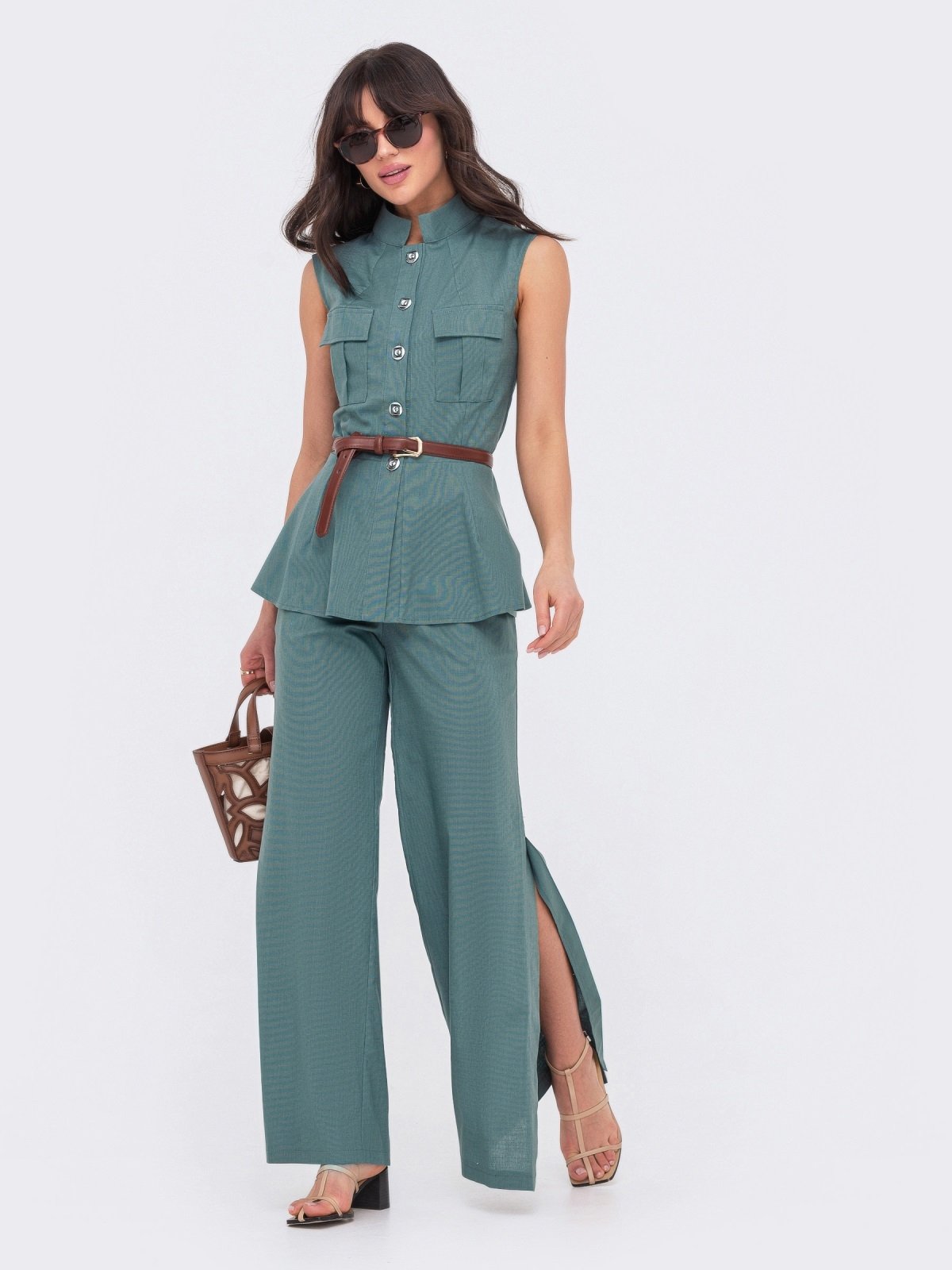 Літній лляний костюм-двійка бірюзовий | 89137