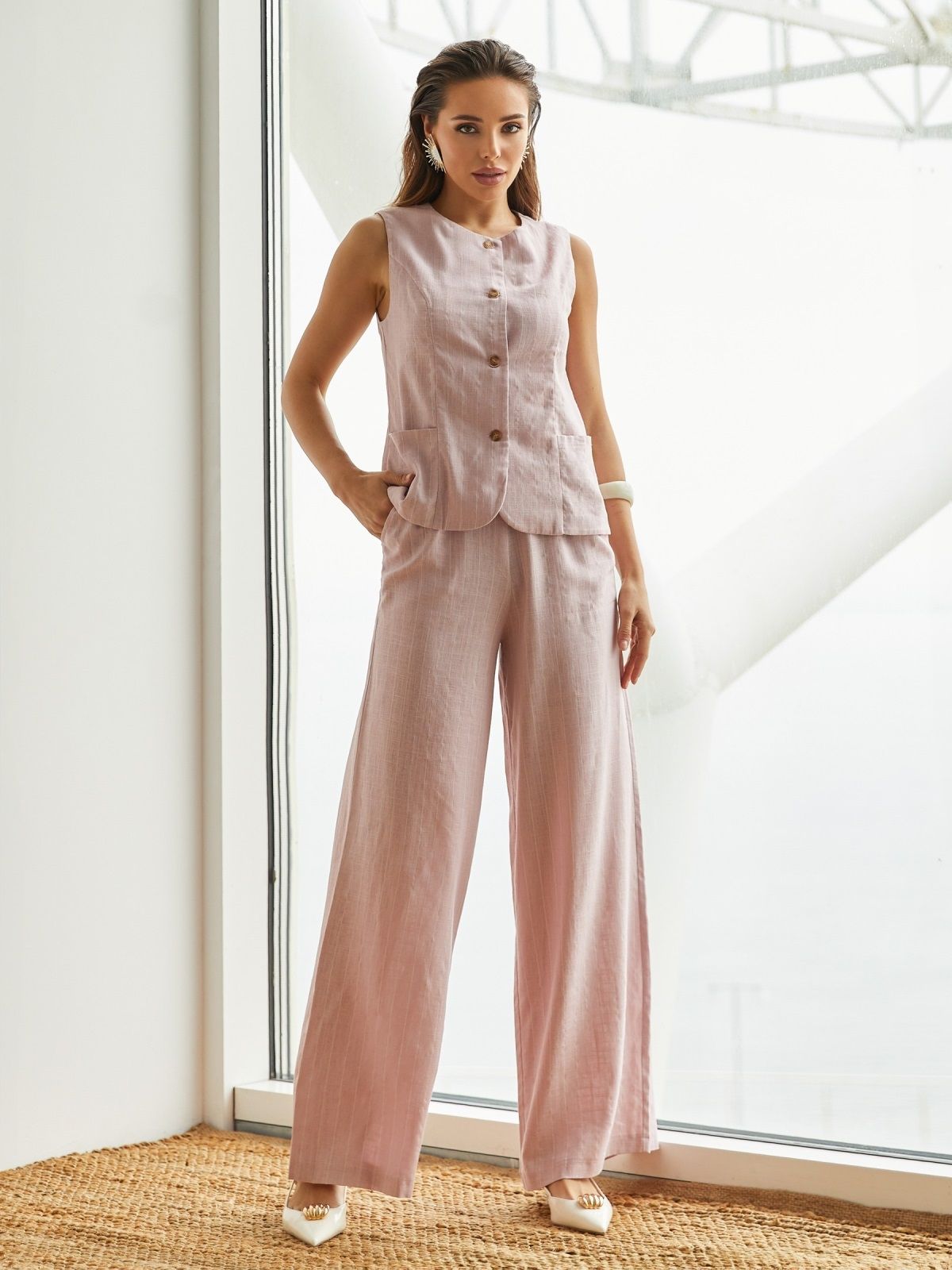 Літній бавовняний костюм-двійка рожевий | 89165