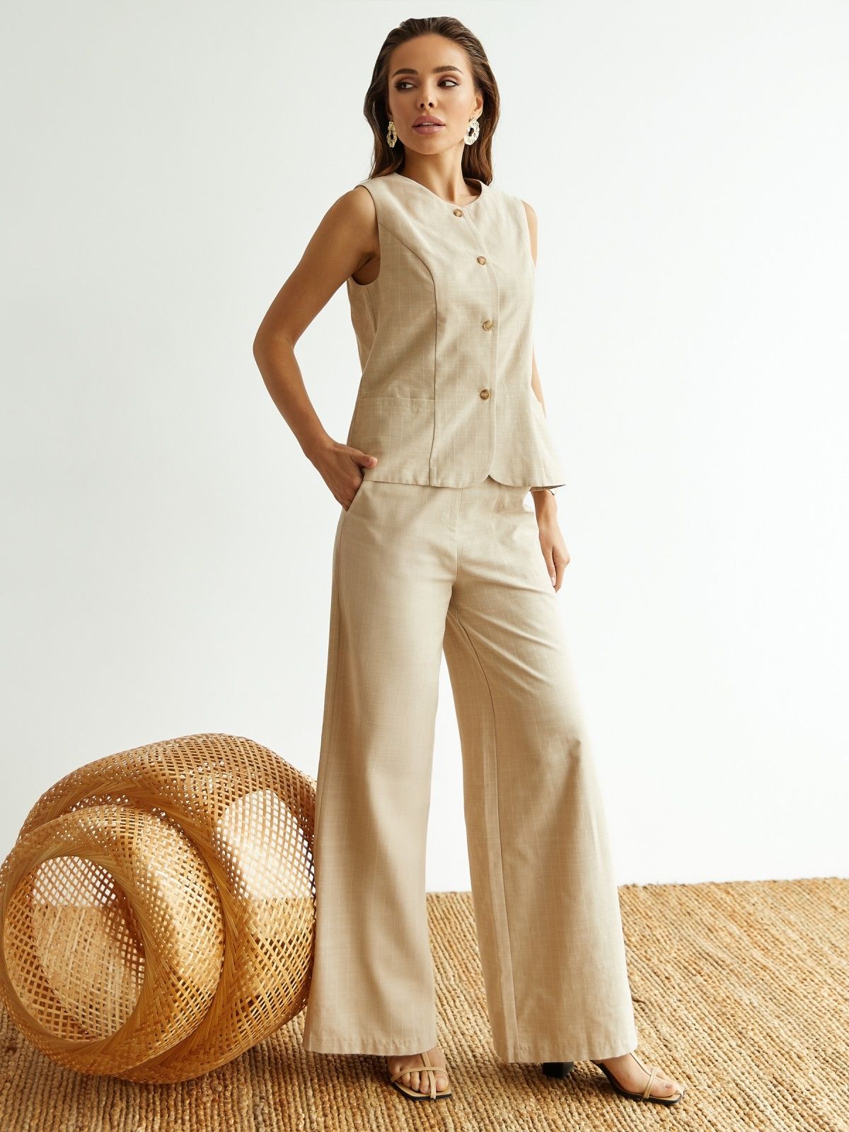 Літній бавовняний костюм-двійка бежевий | 89152