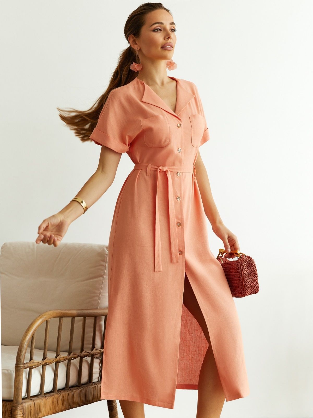 Літня лляна сукня-сорочка персикова | 89228 Літня лляна сукня-сорочка персикова | 89228