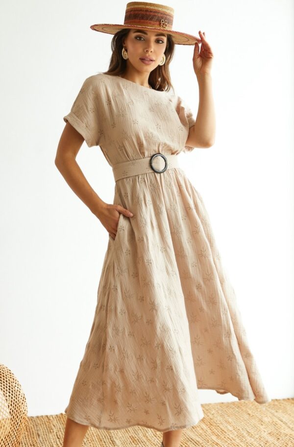 Літня сукня бежева з мусліну міді довжини | 89098