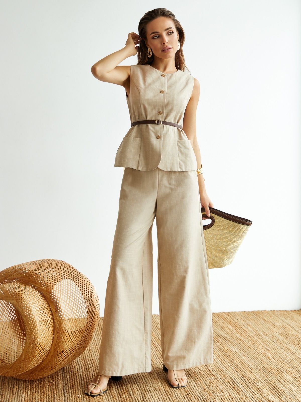 Літній бавовняний костюм-двійка бежевий | 89152