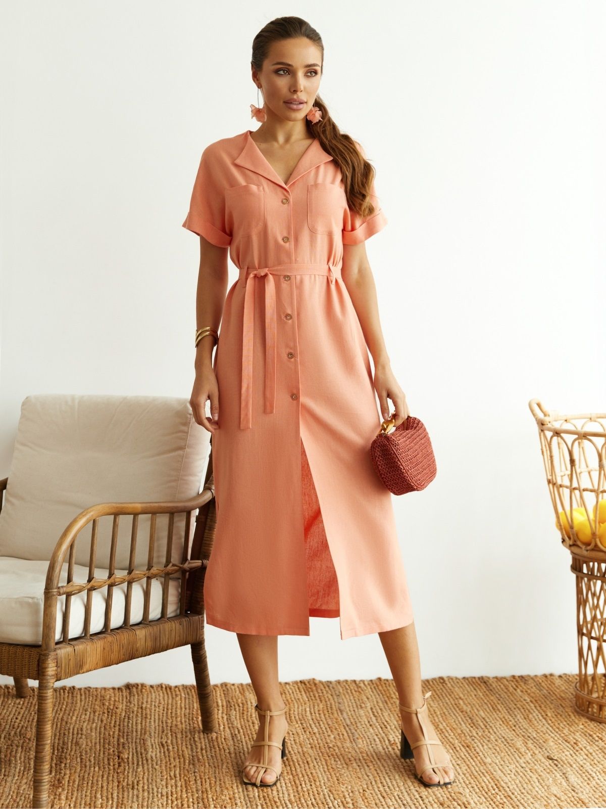 Літня лляна сукня-сорочка персикова | 89228 Літня лляна сукня-сорочка персикова | 89228