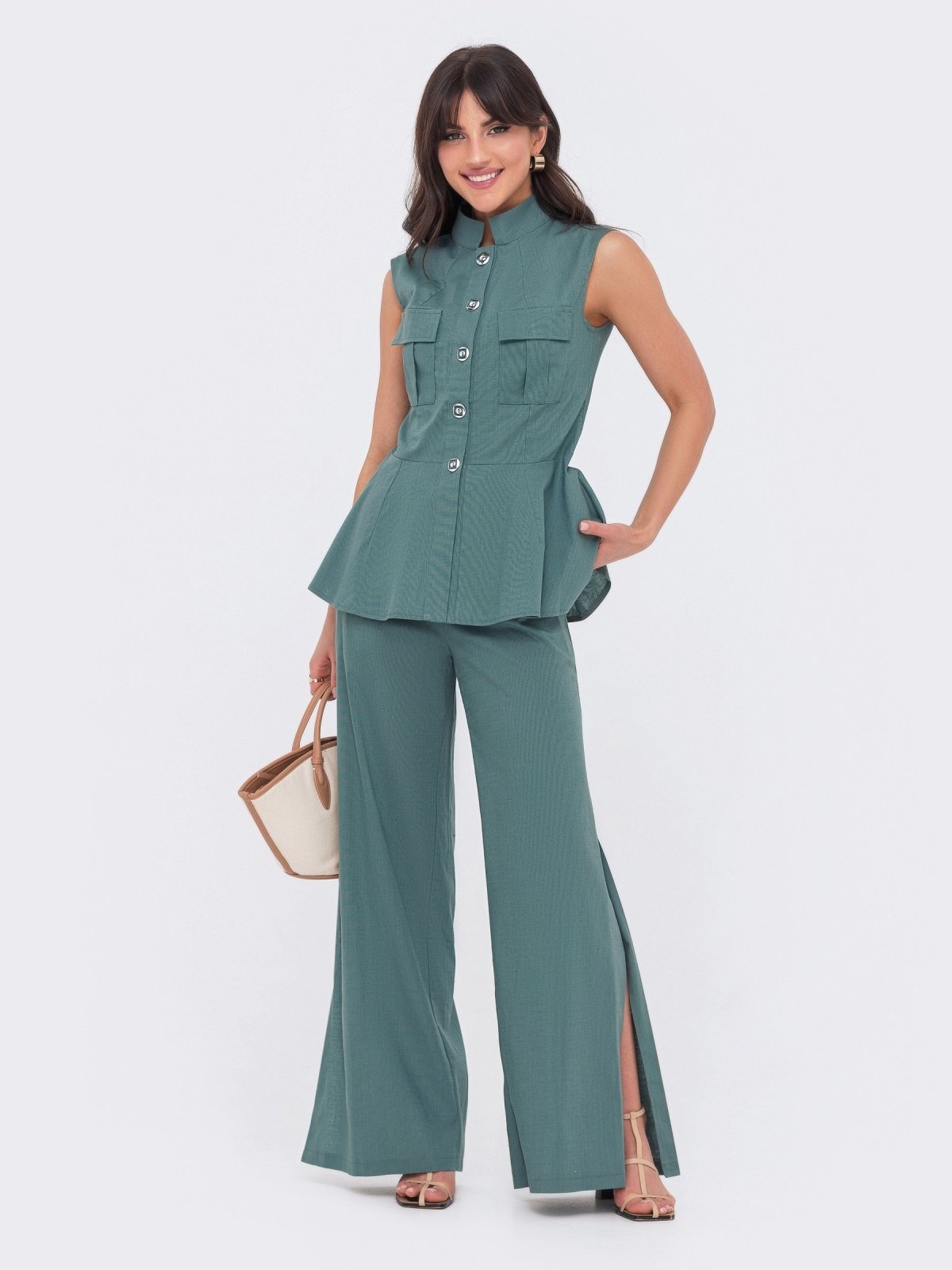 Літній лляний костюм-двійка бірюзовий | 89137