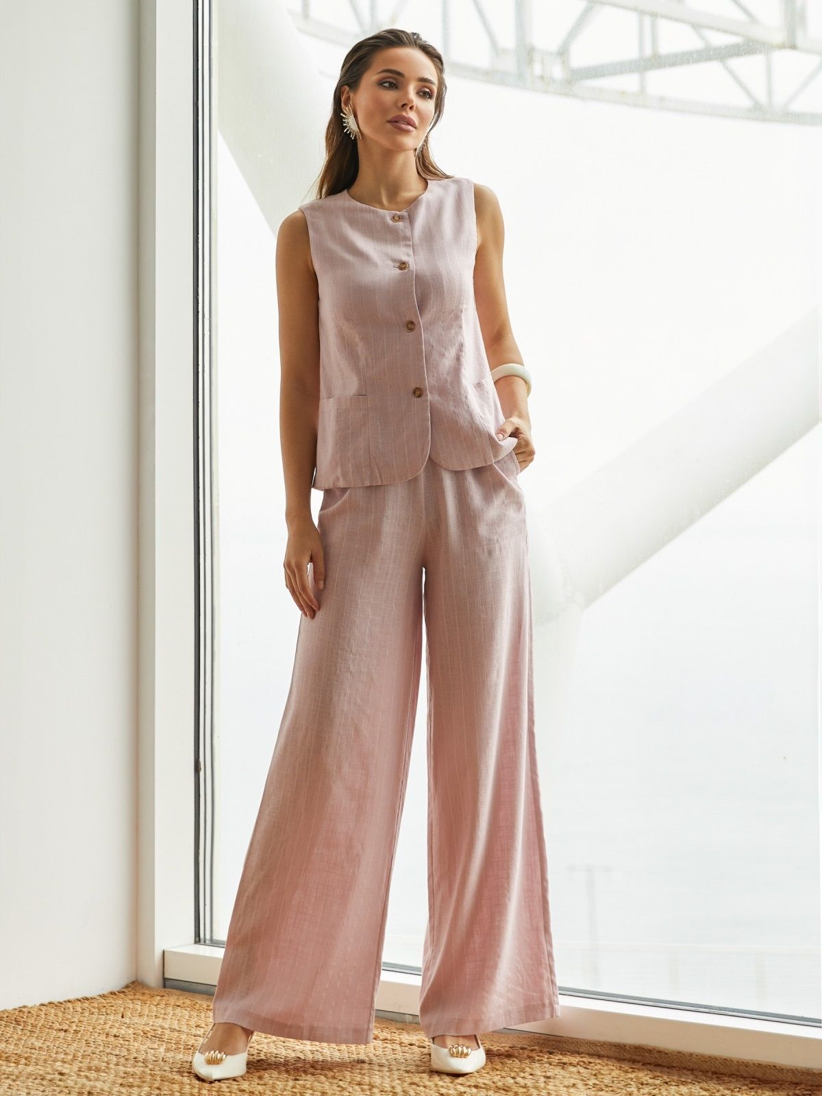 Літній бавовняний костюм-двійка рожевий | 89165