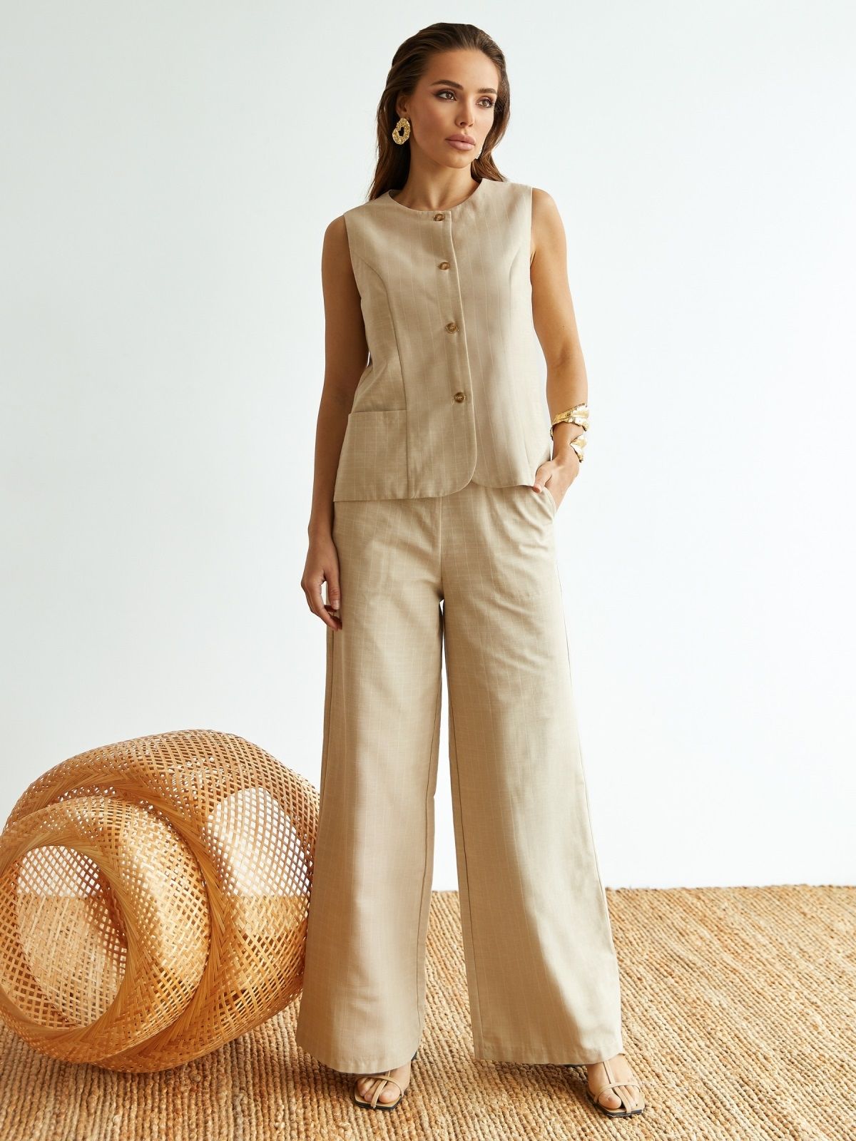 Літній бавовняний костюм-двійка бежевий | 89152