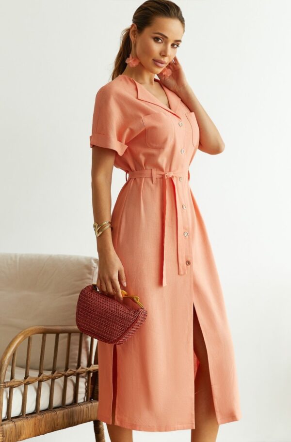 Літня лляна сукня-сорочка персикова | 89228