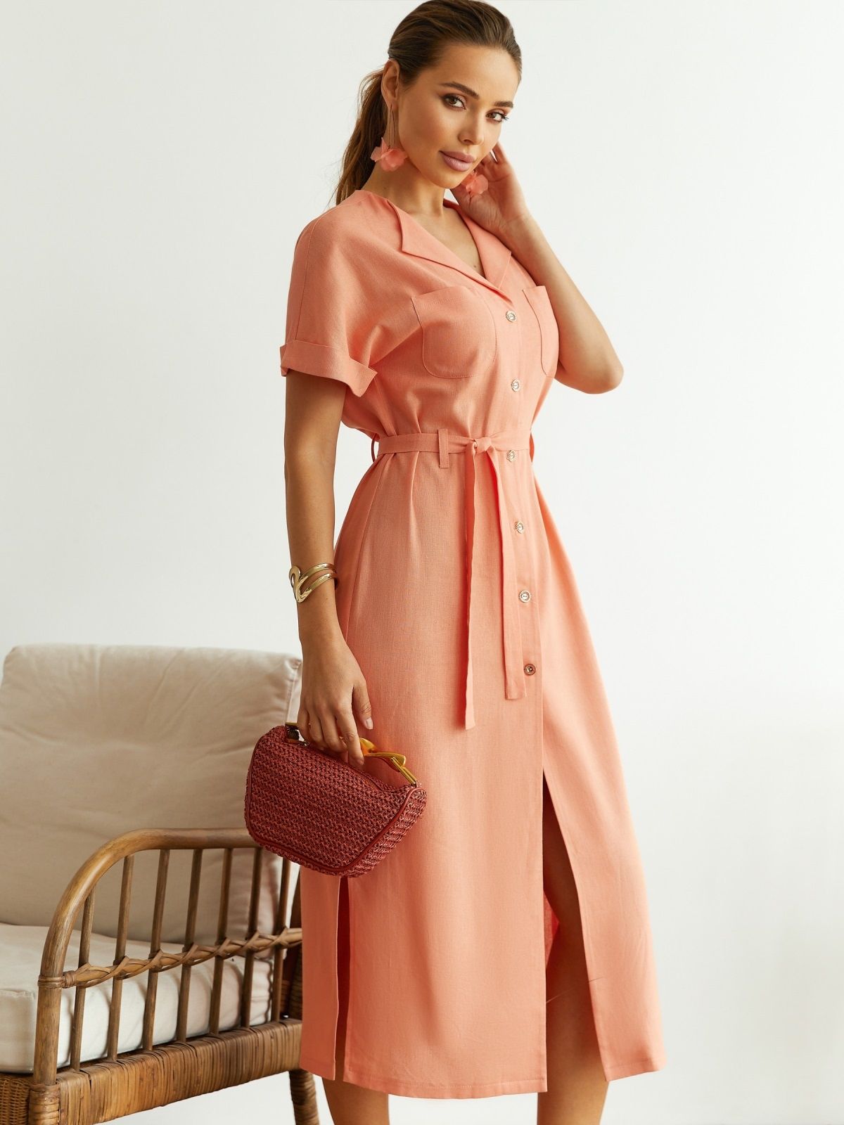 Літня лляна сукня-сорочка персикова | 89228 Літня лляна сукня-сорочка персикова | 89228