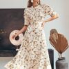 Сукня атласна бежева з рослинним принтом | 89073 Сукня атласна бежева з рослинним принтом | 89073
