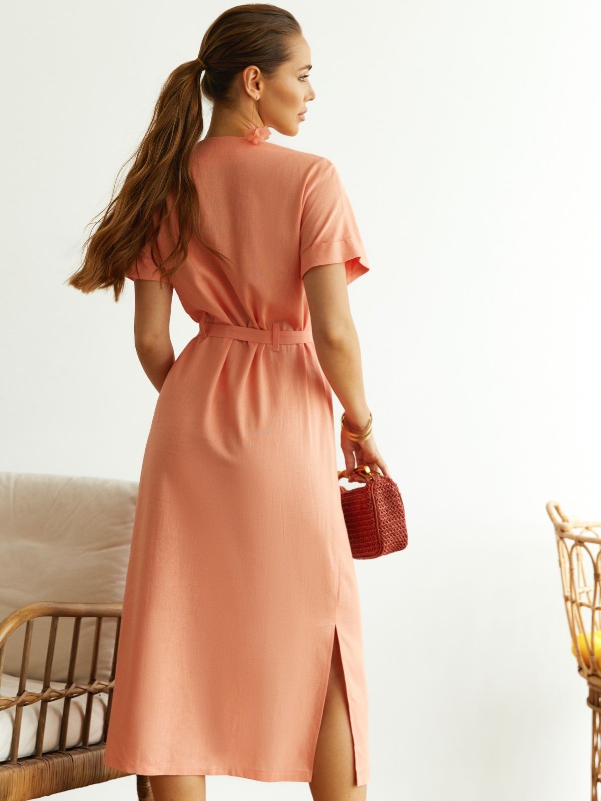 Літня лляна сукня-сорочка персикова | 89228 Літня лляна сукня-сорочка персикова | 89228