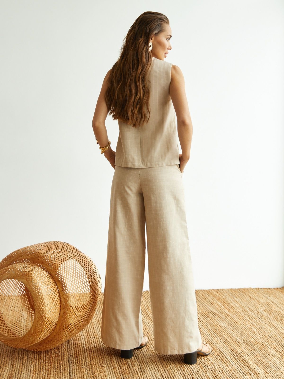 Літній бавовняний костюм-двійка бежевий | 89152