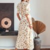 Сукня атласна бежева з рослинним принтом | 89073 Сукня атласна бежева з рослинним принтом | 89073