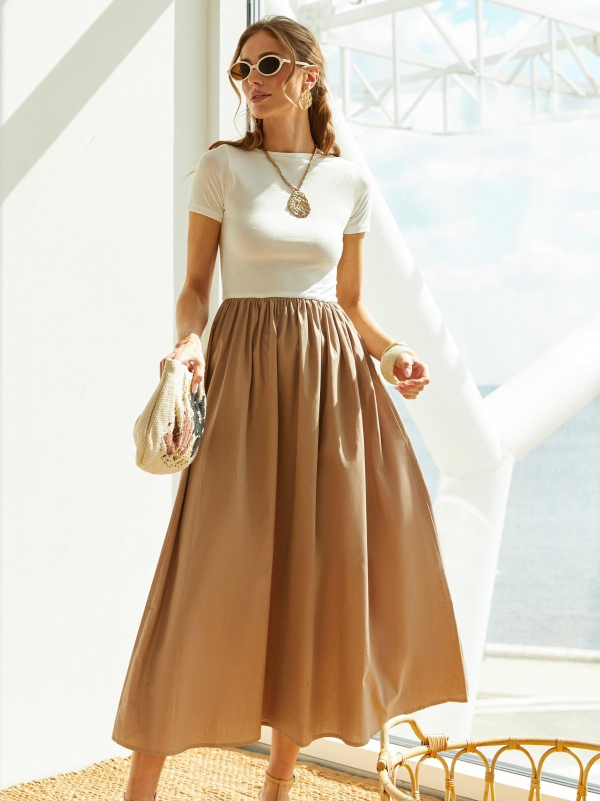 Літня сукня з трикотажним верхом бежева | 89684