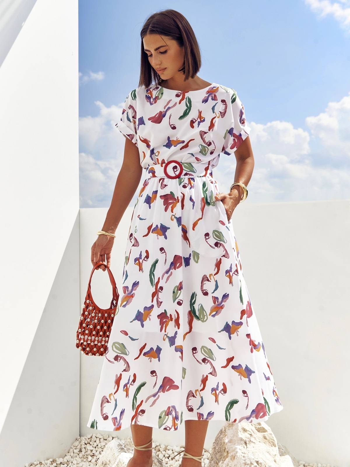 Літнє плаття кльош із софту біле з принтом | 89627