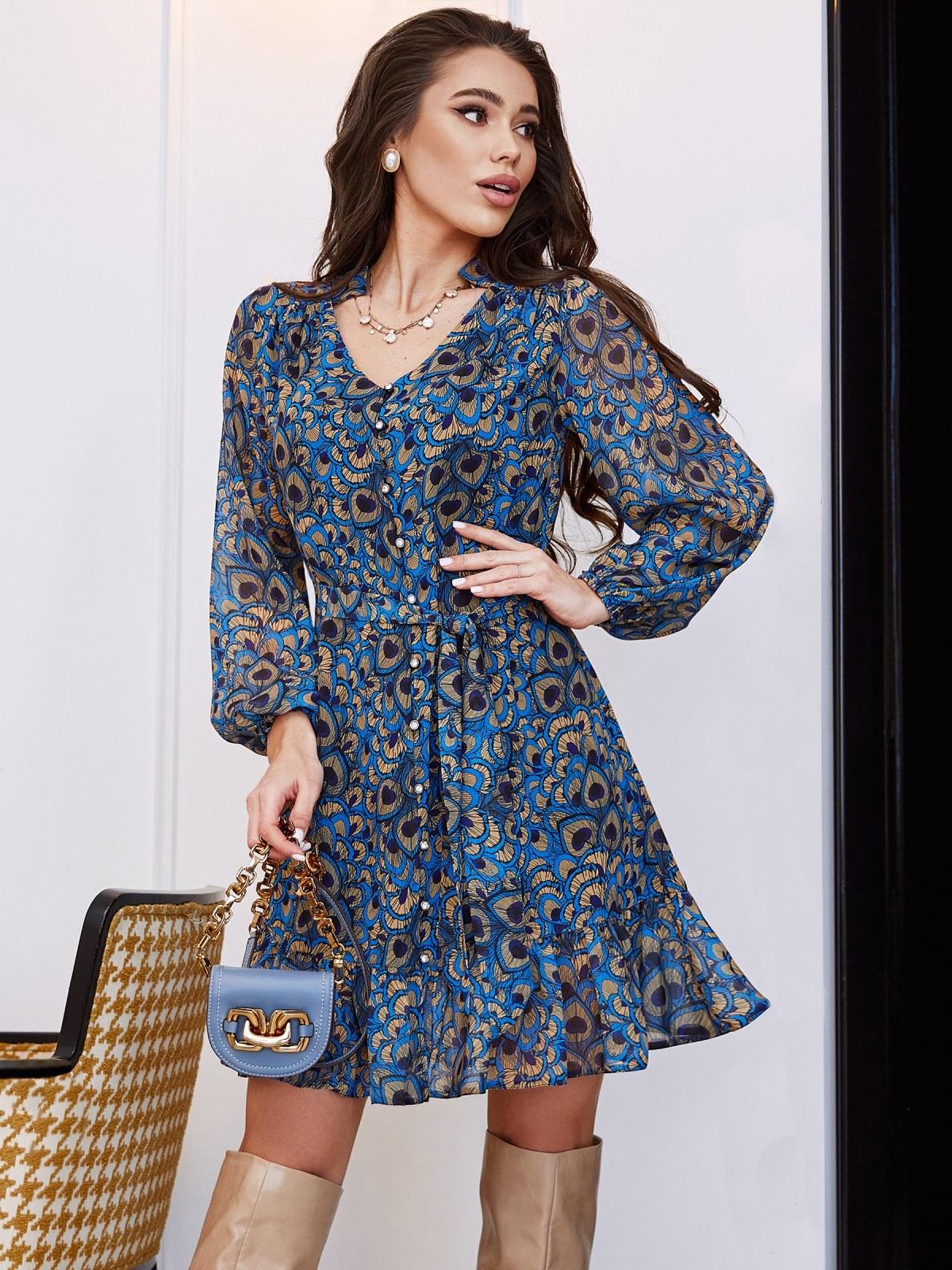 Шифонове плаття-трапеція в блакитний принт | 89597