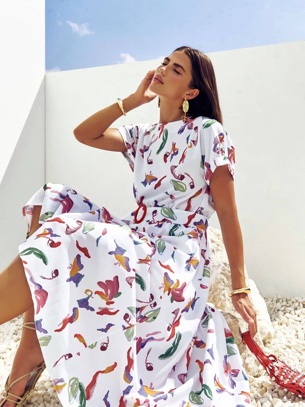 Літнє плаття кльош із софту біле з принтом | 89627