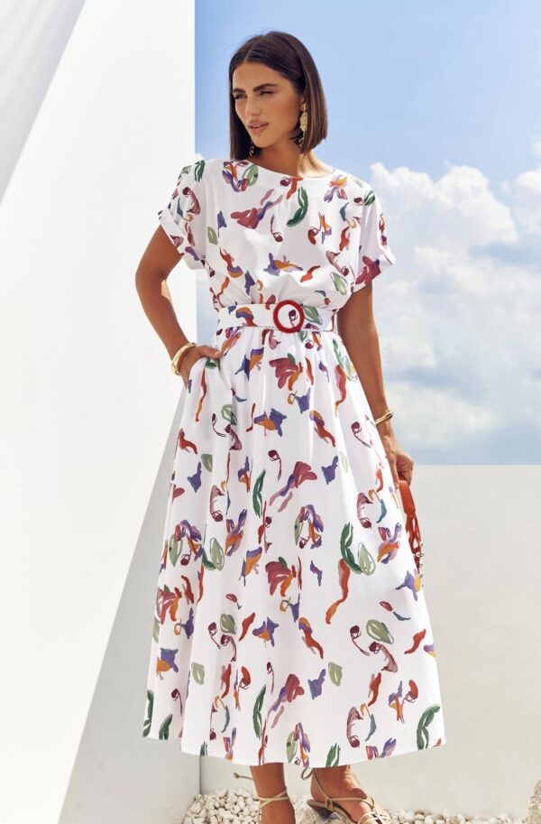 Літнє плаття кльош із софту біле з принтом | 89627