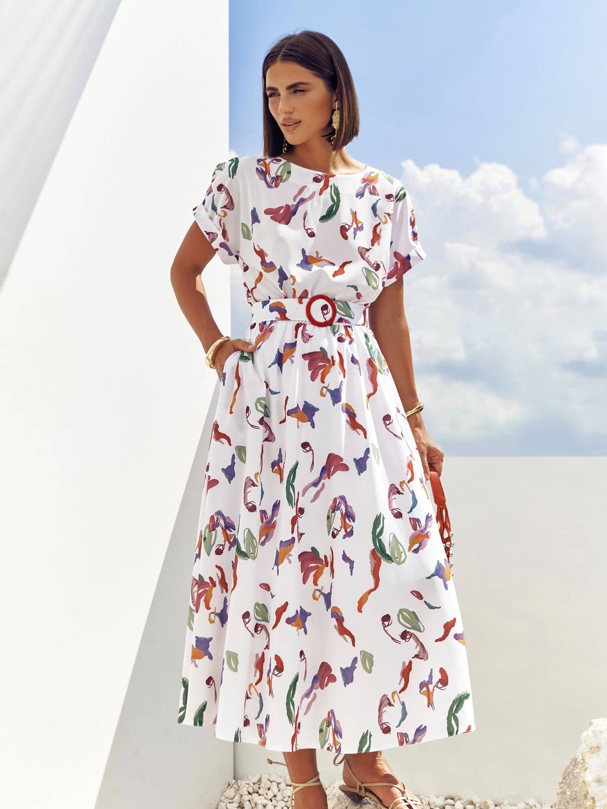 Літнє плаття кльош із софту біле з принтом | 89627